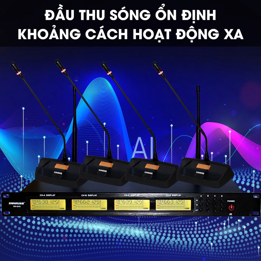 Micro không dây hội nghị Sunrise SM-840, Bộ 04 micro cổ ngỗng  hộp sóng cao cấp sử dụng cho nhiều người toạ đàm