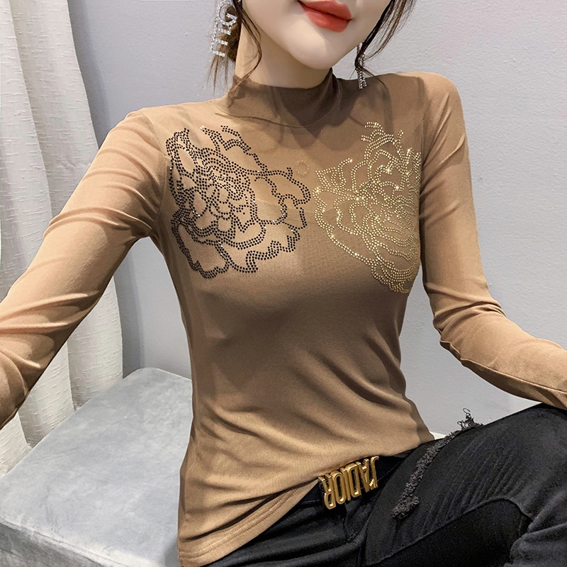 Áo lưới dài tay Áo thun dài tay nữ phối thời trang mùa thu cho