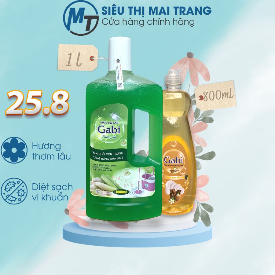 Combo nước lau sàn 1000ml + nước rửa chén 800ml Gabi thơm lâu diệt khuẩn thơm lâu sạch sâu