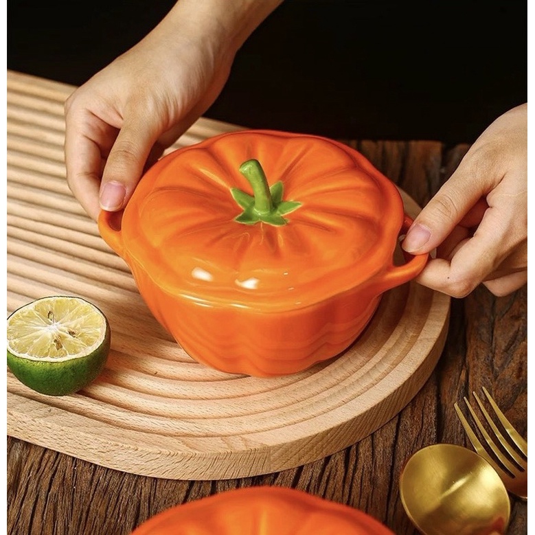 Bộ chén dĩa sứ Bát ăn cơm Đĩa sưd Dễ thương Decor cao cấp Bát tô hình quả bí siêu đáng yêu