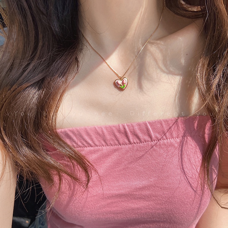 Vòng cổ Mạ Vàng Hồng Mặt Hoa Tulip Trái Tim Thanh Lịch Cho Nữ