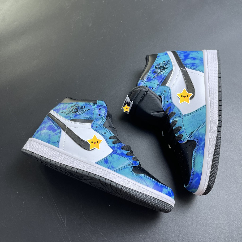 Giày thể thao Jordan xanh loang nước biển cổ cao, Giày JD1 high tie dye cao cổ nam nữ siêu hot Full Box Bill + tặng dây