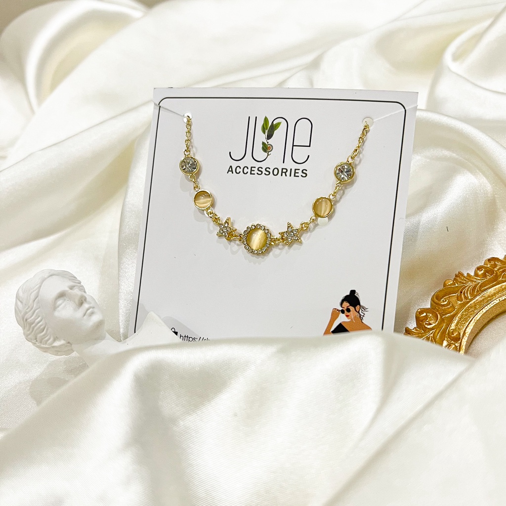 Vòng Tay Lắc Tay Nữ Ngôi Sao JUNE Đính Đá Zircon Lắc Hình Bông Hoa Gắn Đá, Phong Cách Vintage