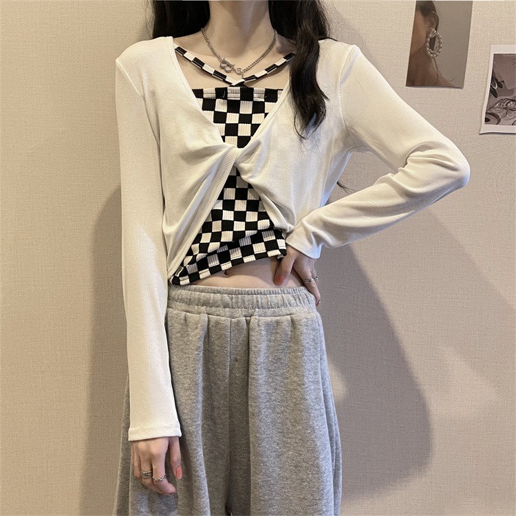 【ZHELIHANGFEI】 Áo Dệt Kim Tay Dài Giả Hai Lớp Dáng Ngắn