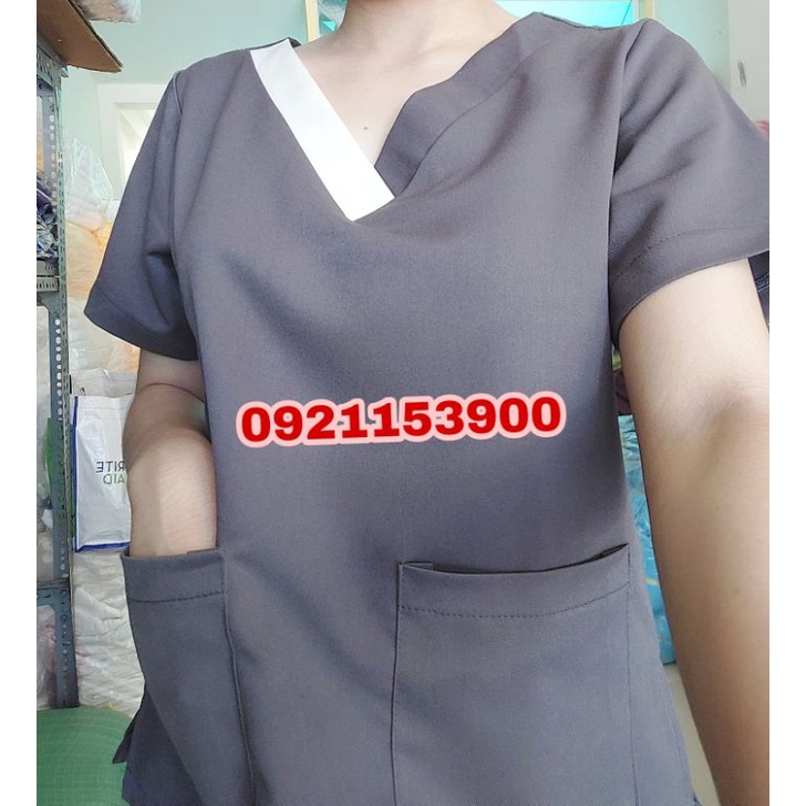 Đồng phục spa màu xám viền trắng