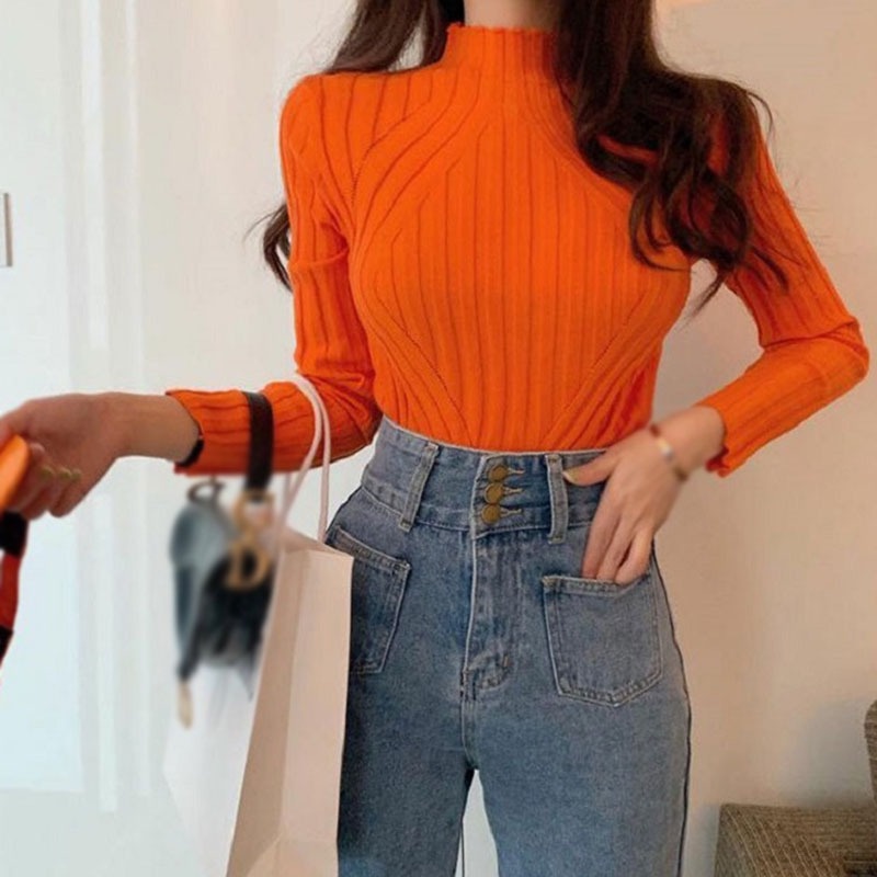 Áo Sweater Dệt Kim Tay Dài Cổ Lọ Màu Sắc Đơn Giản Phong Cách Hàn Quốc Cho Nữ