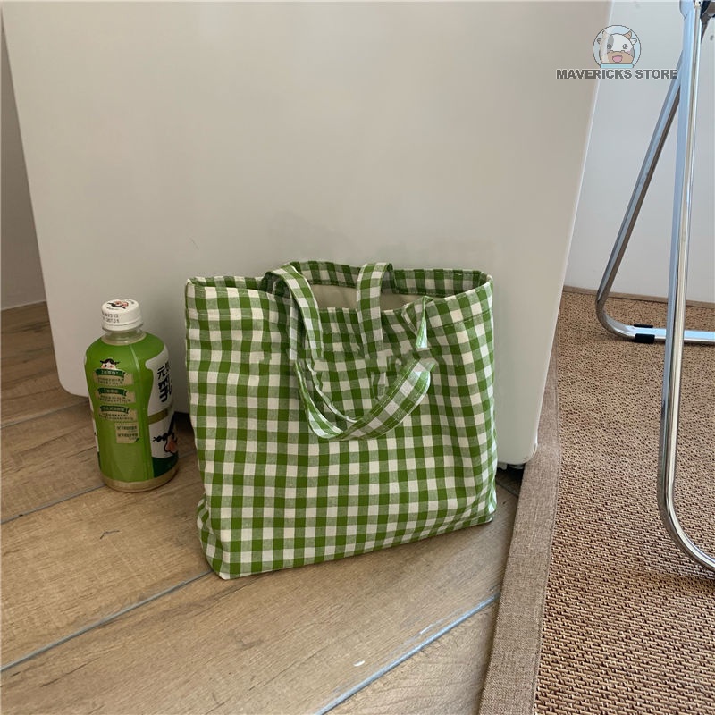 Túi xách đeo vai vải lanh cotton họa tiết sọc ca rô dễ thương phong cách retro hàn quốc