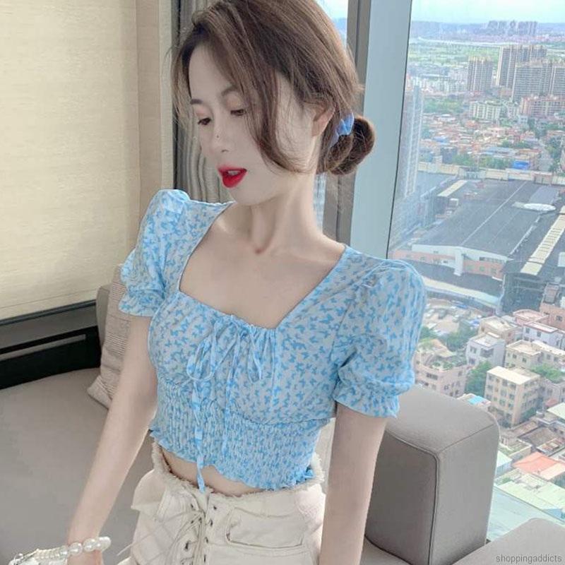 Áo Kiểu Cổ Vuông Tay Phồng Thắt Nơ In Họa Tiết Xinh Xắn Cho Nữ