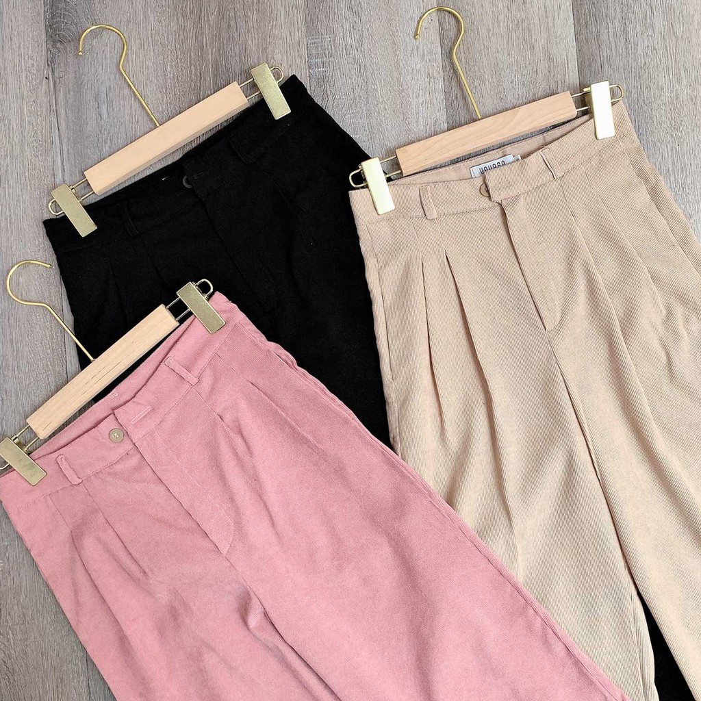 Quần nhung tăm nữ ống suông rộng lưng cao big size 1 khuy khóa trước LAVILO QT02