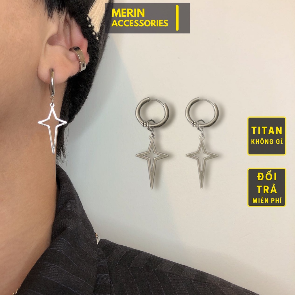 Khuyên Tai Tròn Hình Ngôi Sao Chữ Thập Unisex Gre Earing Màu Bạc Đẹp Cá Tính Chất - Khuyên Tai Thời Trang Merin Titan