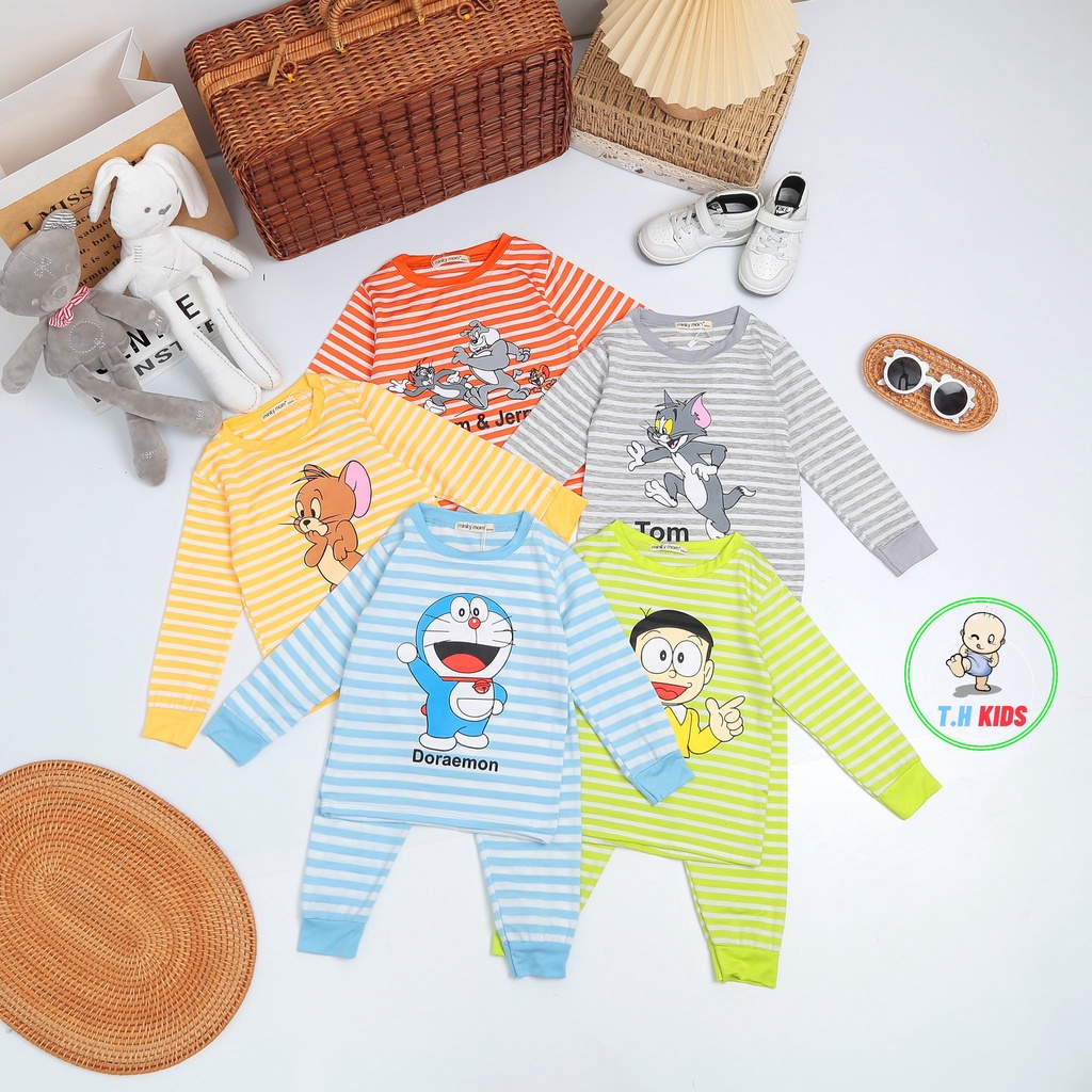 [Bé 10-27kg] Bộ Dài tay thun lạnh sọc dệt Đôremon Minky Mom mềm mịn cho bé trai bé gái từ 10-27kg