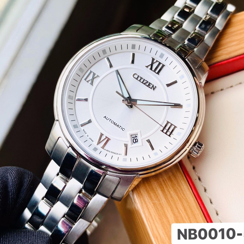 Đồng hồ Nam Citizen Automatic NB0010-59A Mặt trắng,Lịch ngày,Kim dạ quang,Kính Sapphire-Máy cơ-Dây kim loại-Size 41mm
