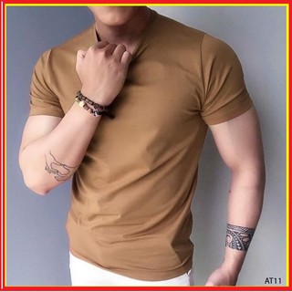 Áo thun nam trơn Áo thun ngắn tay cổ tròn nam màu nâu