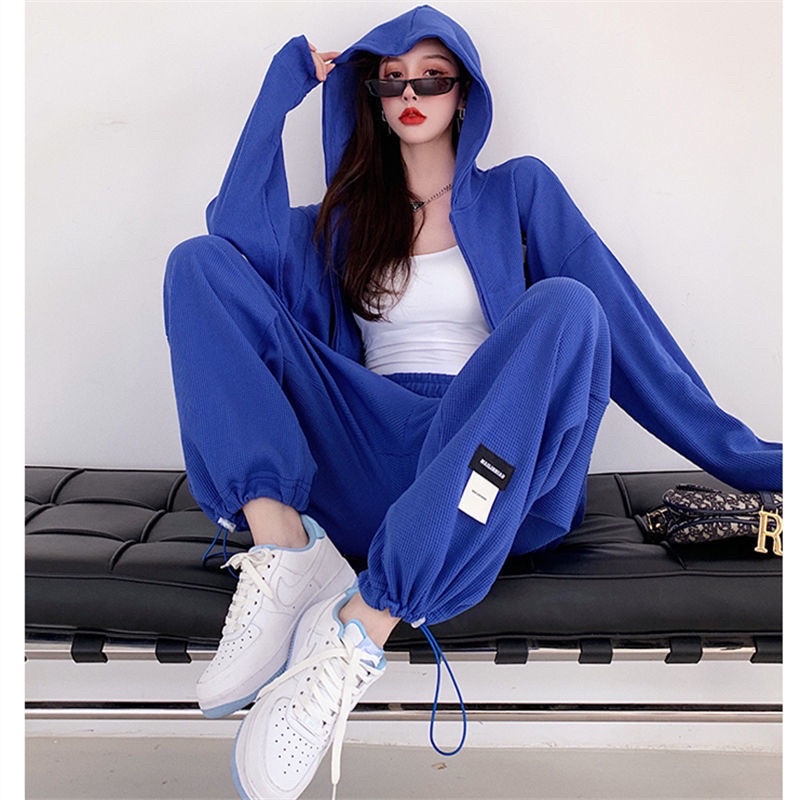 [HTSHOP]-Bộ đồ thể thao nữ mùa thu đông 2022 áo khoác ngắn có mũ quần dài bo ống