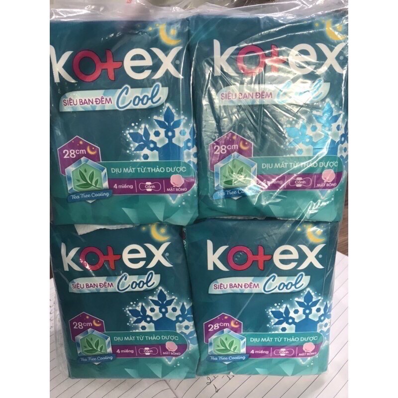 Băng Vệ Sinh Kotex Siêu Ban Đêm COOL MÁT LẠNH Có Cánh 28cm Gói 4 Miếng