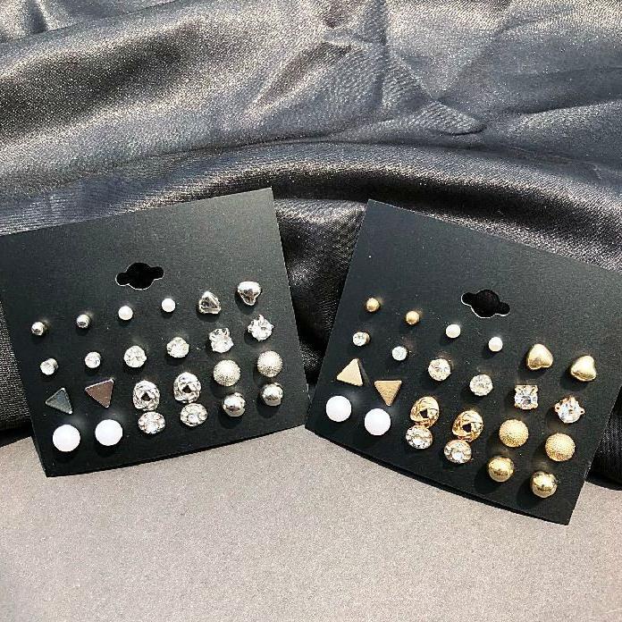 Bộ 12 Đôi Khuyên Tai Hình Bảng Vuông / Trái Tim / Trái Tim Đính Đá Zircon Cho Nữ