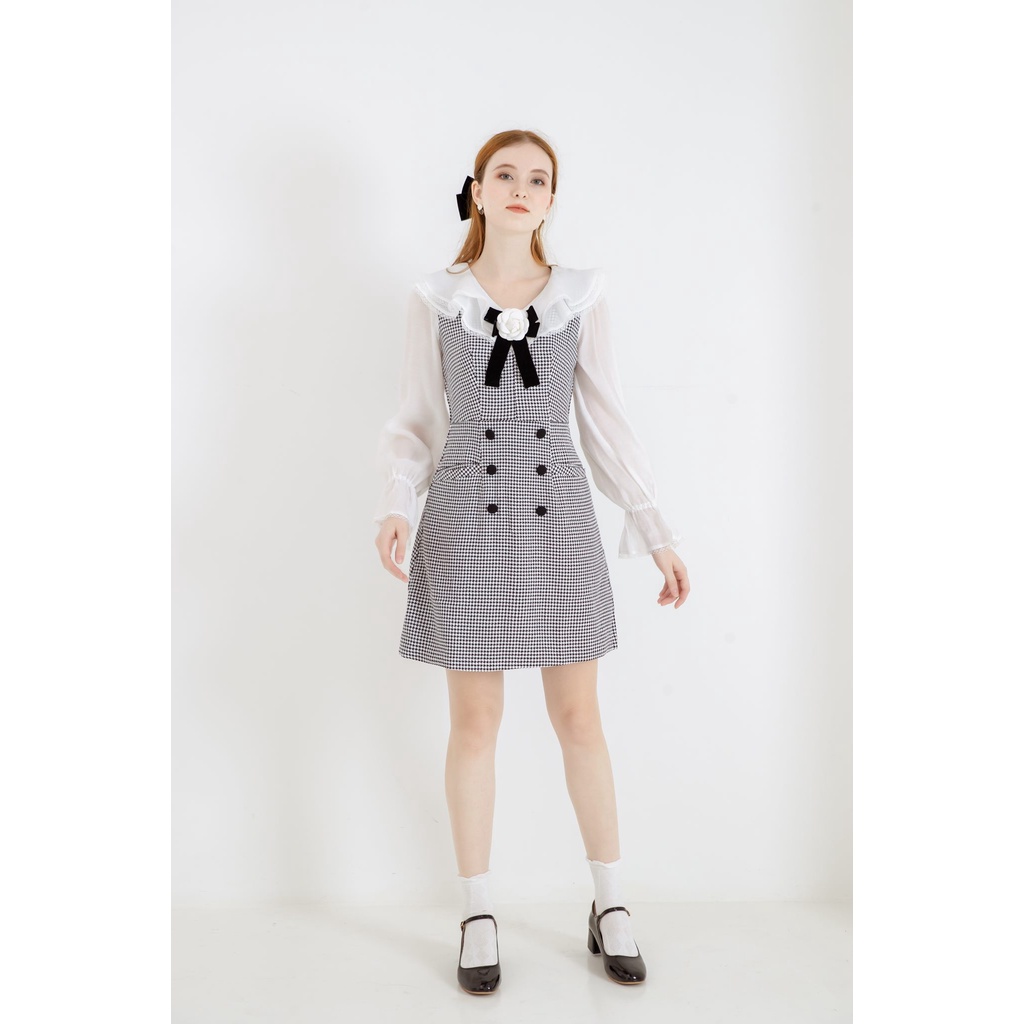 Váy kẻ ngắn đính nơ phối tay voan bồng NANSTUDIOS - ALICE DRESS