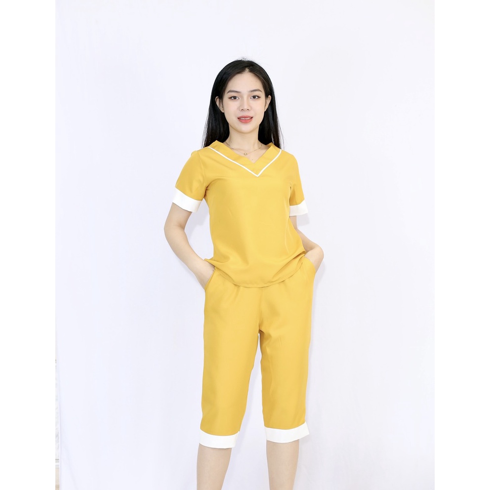 Set đồ bộ pijama L1 VÀNG cổ tim tay ngắn, quần lửng mặc nhà Thoải Mái Nhẹ Nhàng