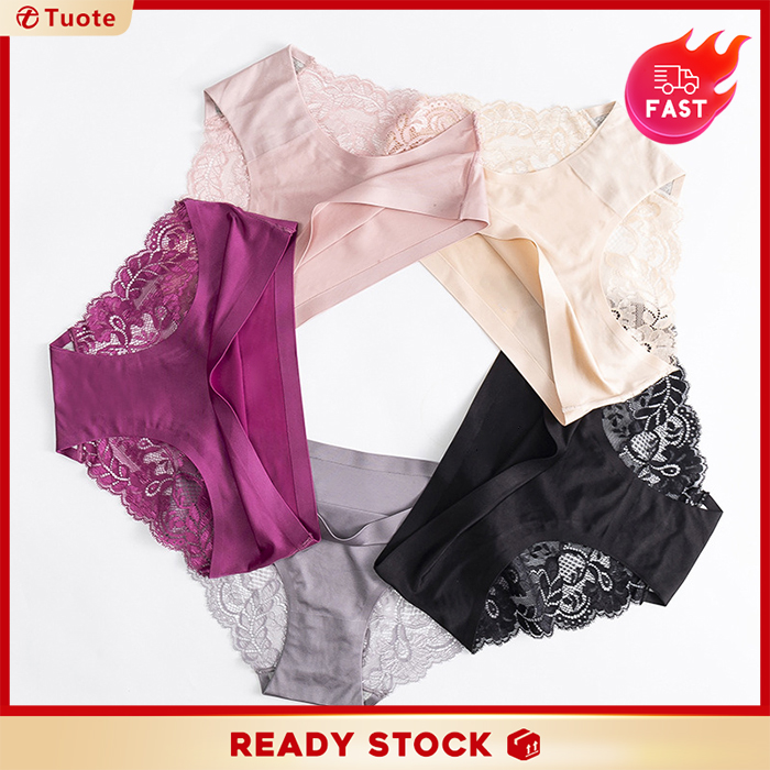 M~2XL Sexy Lace Panties Women Ice Silk Seamless Mid-Waist Transparent Autumn and Winter Cotton Crotch Ladies Briefs