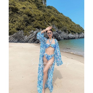 BIKINI 2 mảnh basic hoạ tiết xanh kèm áo choàng