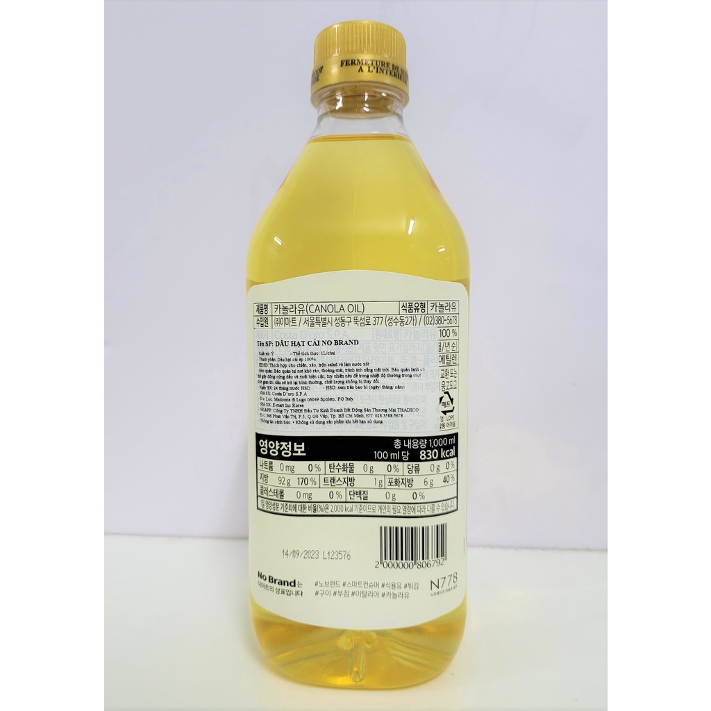 [Chai 1 Lít] DẦU HẠT CẢI NGUYÊN CHẤT [Italia] NO BRAND Canola Oil