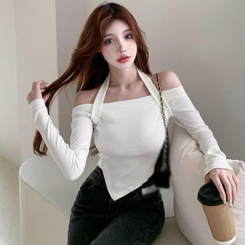 Áo croptop trễ vai màu sắc đơn giản quyến rũ cho nữ