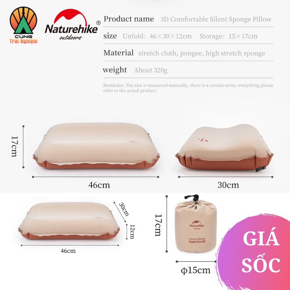 [CHÍNH HÃNG] Gối Du Lịch Mềm Mại Xốp Sponge Co Giãn Naturehike Gấp Gọn NH21ZT001