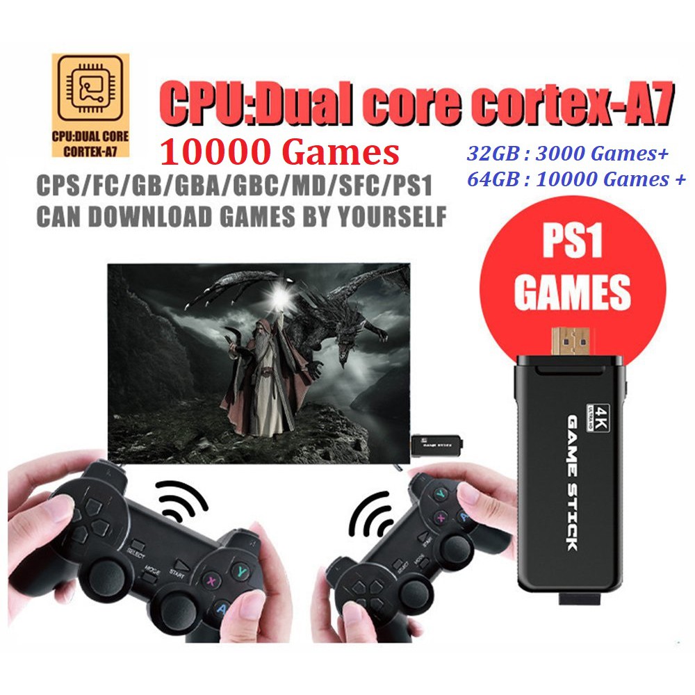 10000 GamesMÁY CHƠI GAME STICK 4K HDMI VỚI 3500 GAME PS1 - FC compact - Gameboy - Nintendo + Tặng 10 Khẩu Trang Y Tế