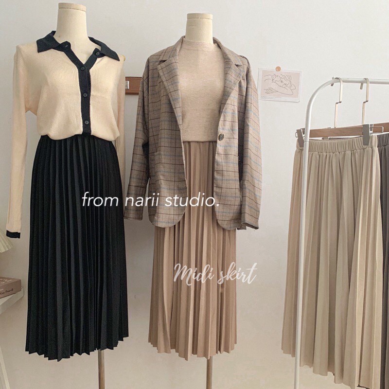 Chân váy dài Ulzzang NARII chân váy xếp ly phong cách Hàn Quốc màu be | BigBuy360 - bigbuy360.vn