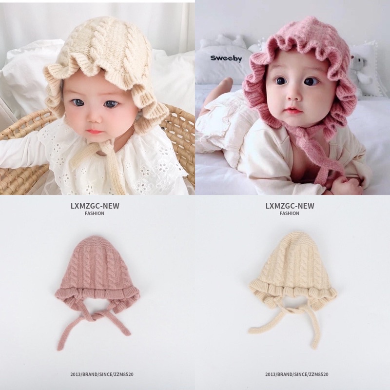 Mũ Len Tai Bèo Bé Gái, Mũ Len Cho Bé Có Dây Buộc 6-36m