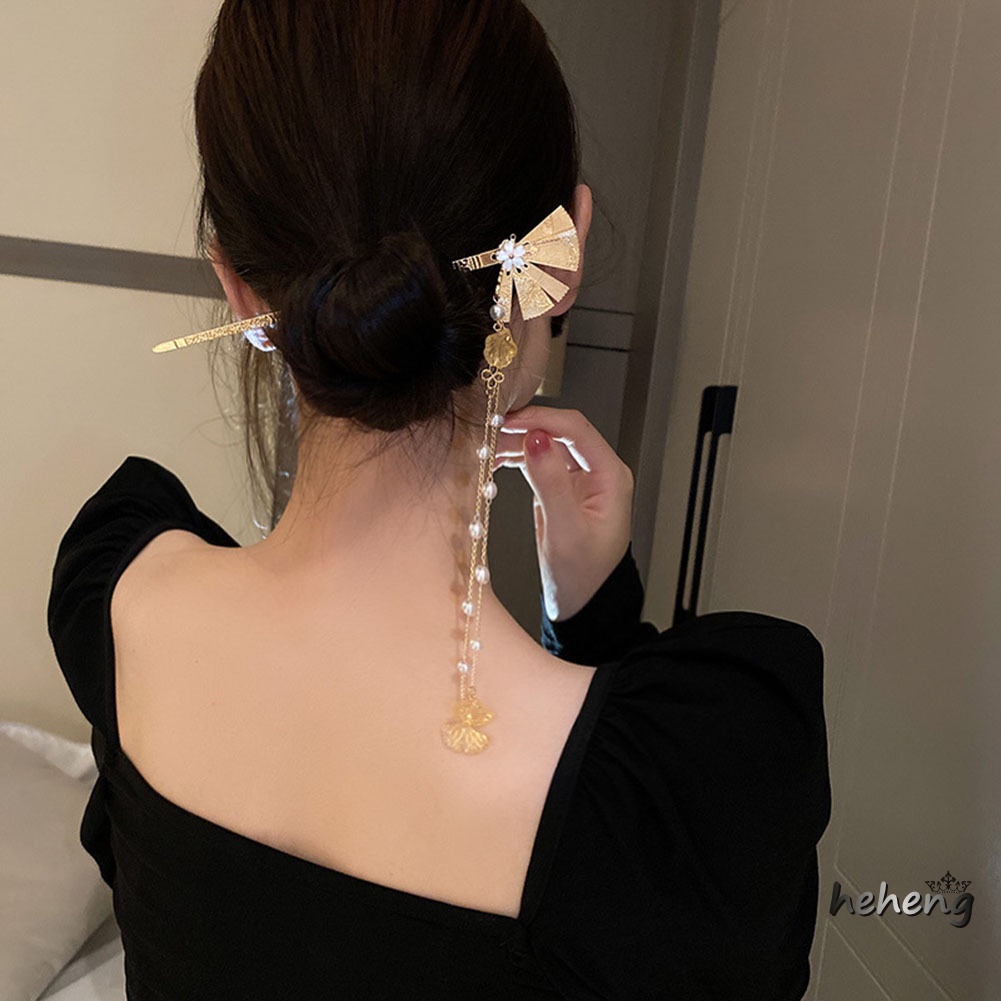 Trâm Cài Tóc Dáng Dài 16.7cm Hình Quạt Phối Tua Rua Phong Cách Trung Hoa Thời Trang Cho Nữ