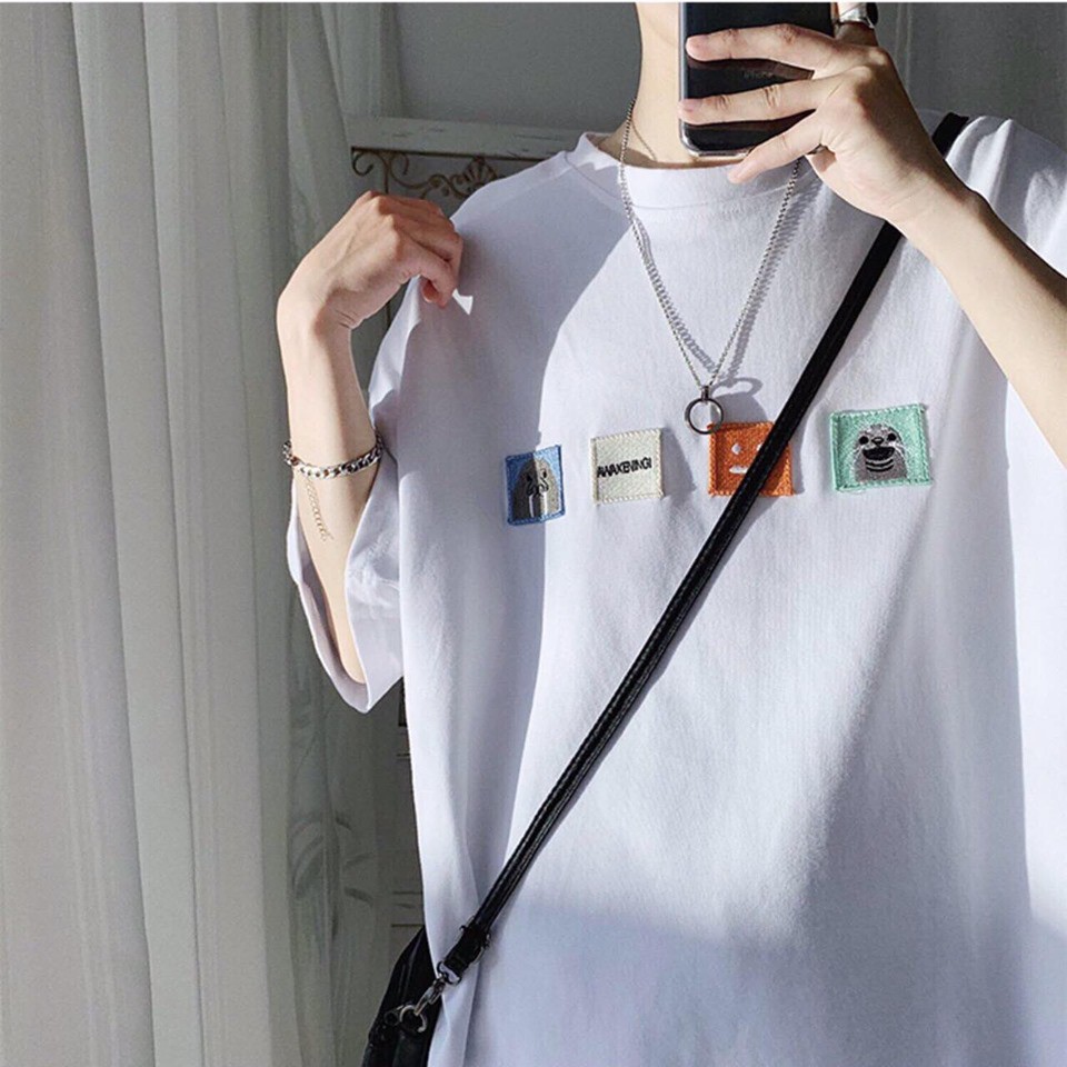 Áo phông nam nữ form rộng 2N Unisex thun cotton thêu 4 logo màu trắng/xanh/xám chì