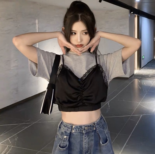 Sét áo phi bóng rút ngực phối áo thun croptop cotton - A0U