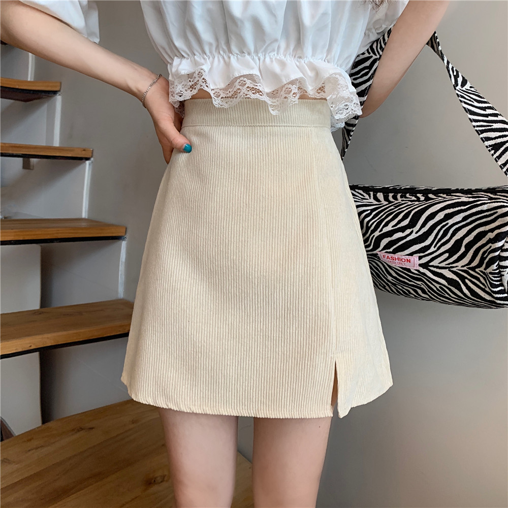 Chân váy chữ A vải nhung lưng cao phong cách Hàn Quốc retro cho nữ