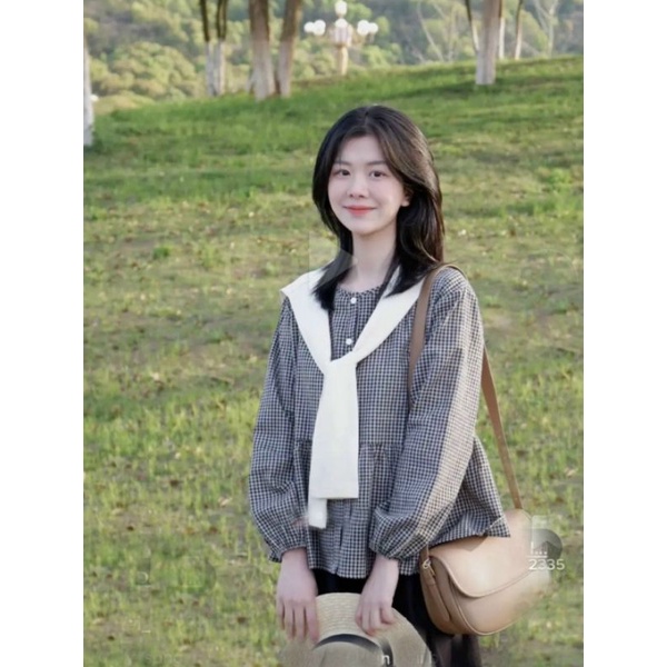 Áo babydoll kẻ caro kèm khăn quàng ulzzang hàn quốc