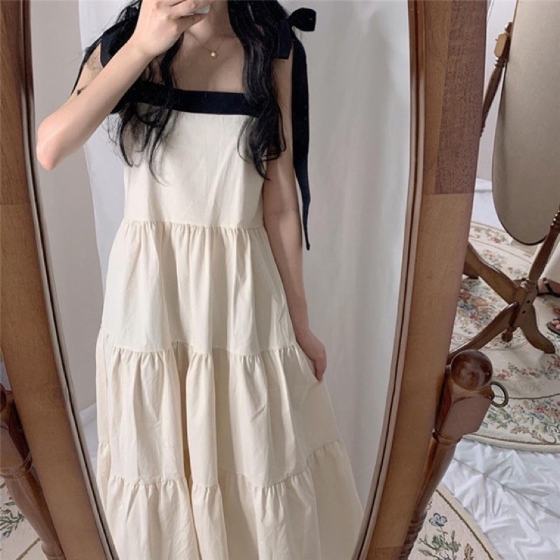 Váy maxi 2 dây buộc nơ dễ thương ulzzang Hàn Quốc [Yannie]