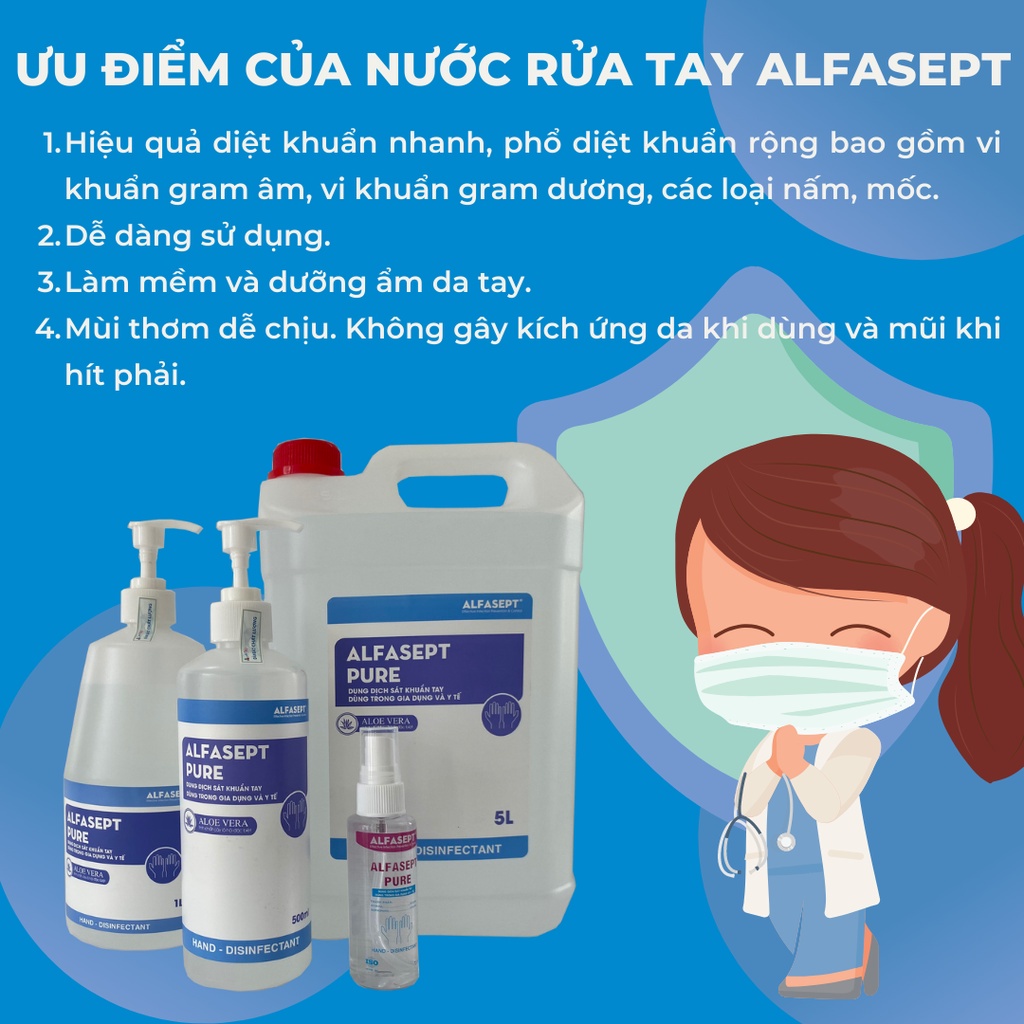 Dung Dịch Rửa Tay Khô ALFASEPT Pure Gel Phù Hợp Với Da Nhạy Cảm, Giúp Diệt Khuẩn, Tăng Cường Dưỡng Ẩm Lọ 500ml