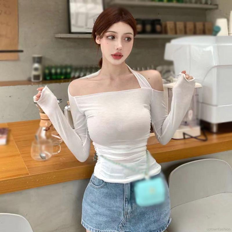 Đầm dây ngắn ôm dáng không tay xếp nếp dây rút/Áo thun dáng ôm tay dài trễ vai cổ yếm cho nữ