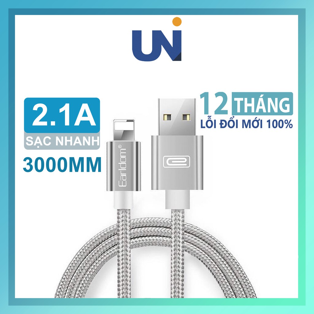 Cáp Sạc Earldom EC-011 3M Cho Điện Thoại IPhone Samsung Oppo Xiaomi Chân TypeC Micro USB iOS Siêu Bền Bọc Dù