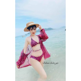 sét bikini beo hồng + choàng