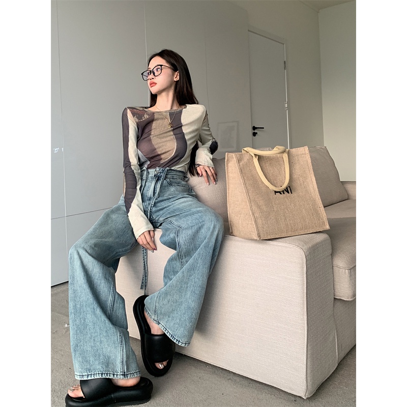 Quần Jean Ống Rộng Lưng Cao Thắt Dây Phong Cách Retro Mùa Hè Mới 2022