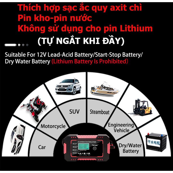 Bộ sạc acquy, máy sạc ắc quy TIANYE 12V 6A kèm phục hồi bình,sạc bình acquy,tự ngắt khi đầy,khử sunfat