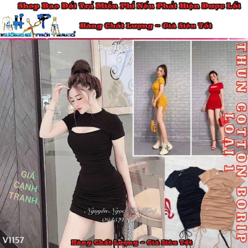 Đầm Ôm Body Nữ Tay Ngắn Rút Dây Xẻ Ngực Mẫu Mới - Hàng Có Sẵn bán giá sỉ