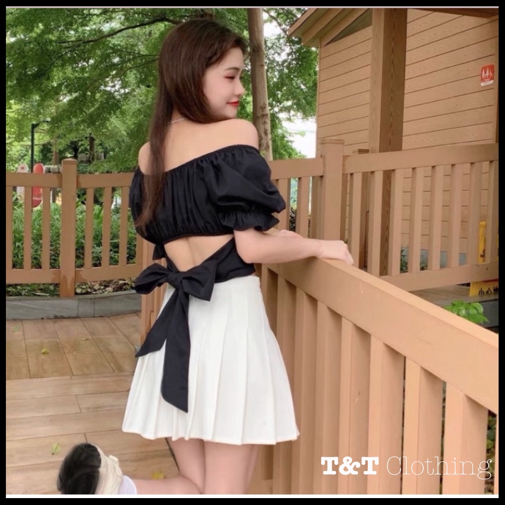 ÁO VOAN TAY NGẮN CỘT NƠ - áo croptop trễ vai nơ lưng - AK0042 | 23tshop