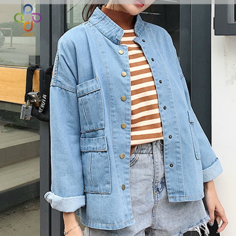 LIVEST Women's Long Sleeve Denim Jacket Single Breasted Wild Korean