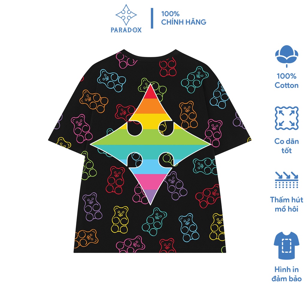 Áo thun form rộng Paradox tay lỡ - Unisex - In hình - RAINBOW BEAR - Màu đen