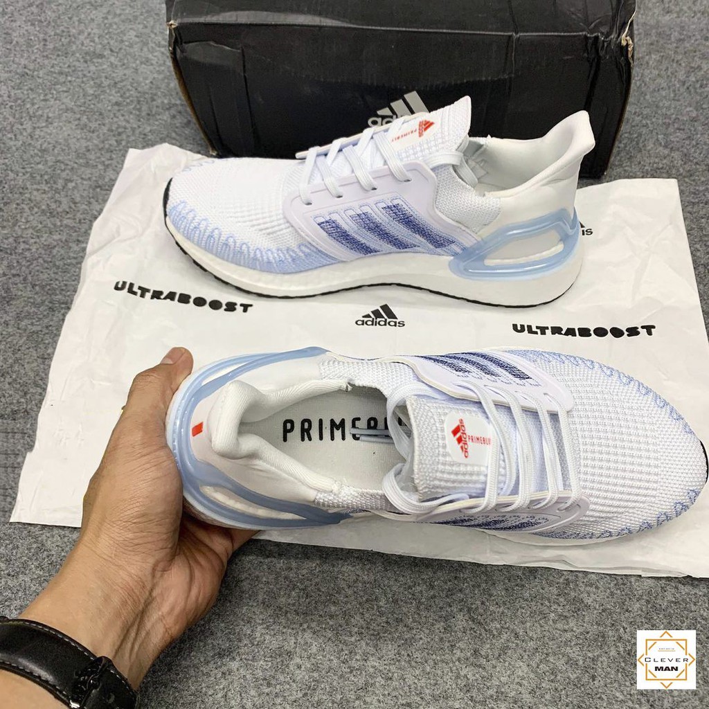 (FREESHIP+QUÀ) Giày thể thao Sneakers ULTRA BOOST 2020 white trắng sọc xanh nhạt Ultra boost 6.0
