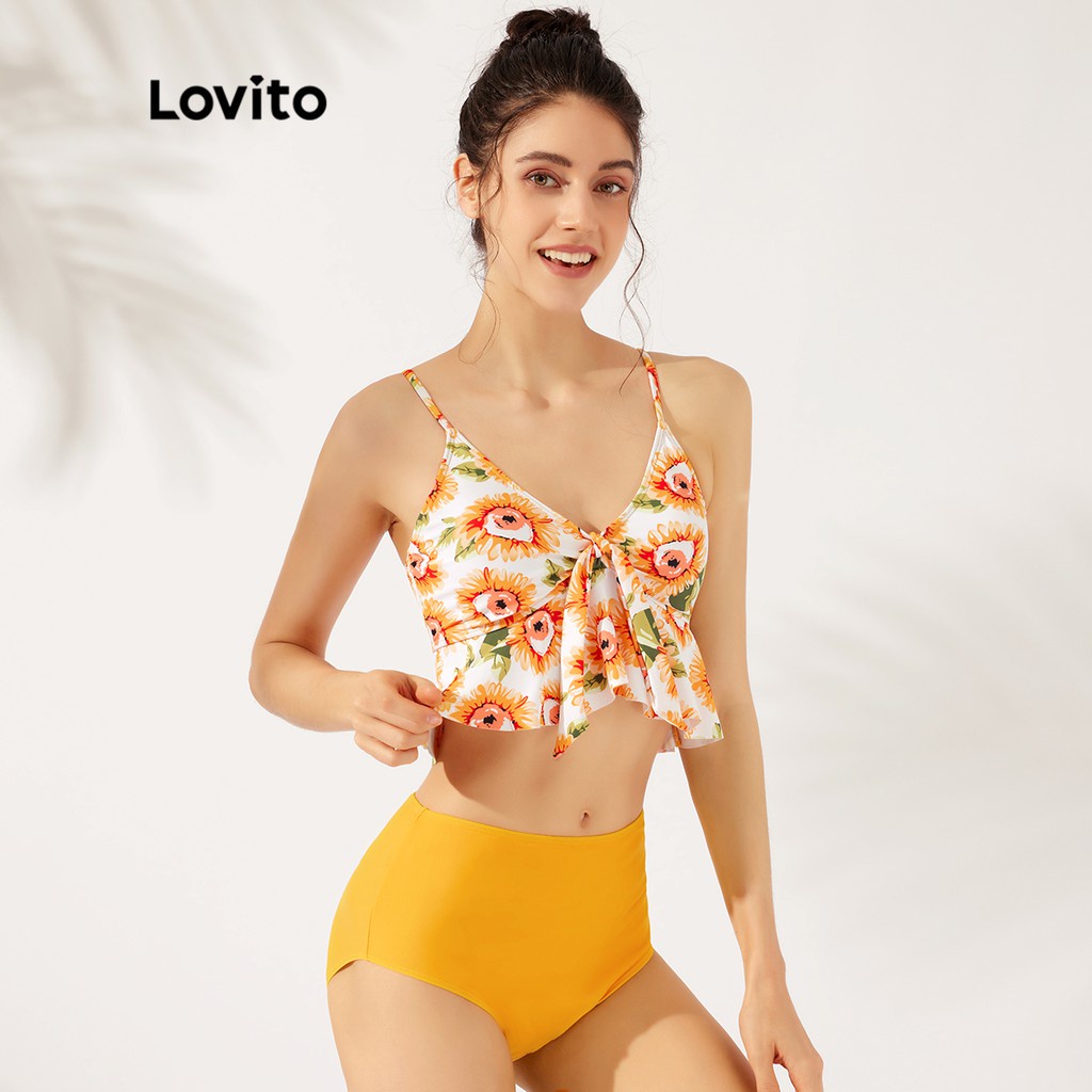106DP-Đồ bikini Lovito xinh xắn cột nút dây mảnh cạp cao in hoa hướng dương có đệm tháo được L23AD068 (màu vàng)
