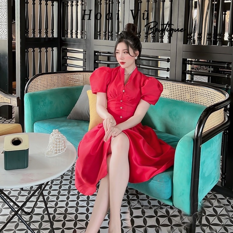 Váy tafta tay bồng xếp nhúm - LA09