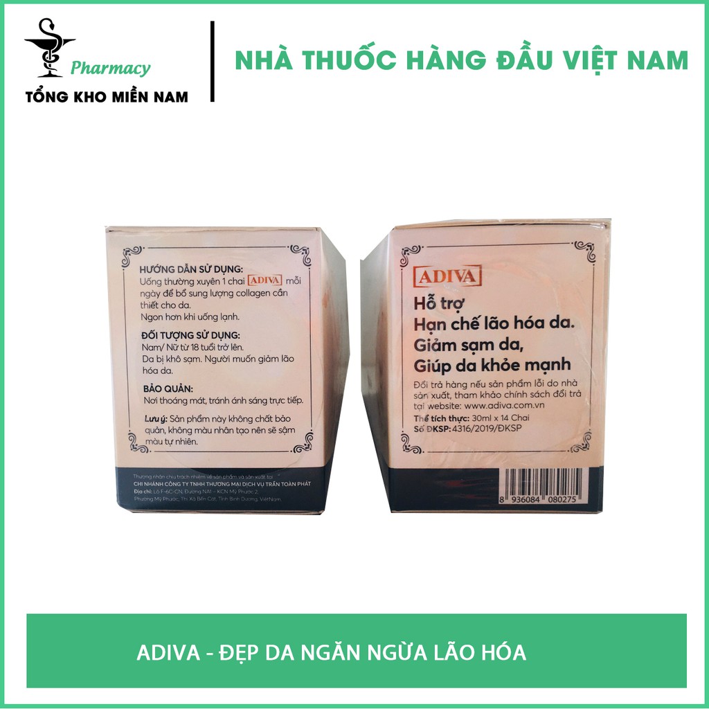 ADIVA Collagen dạng nước mẫu mới - Giảm nếp nhăn, không lo chảy xệ - hộp 14 lọ x 30ml - Tổng Kho MiềnNam